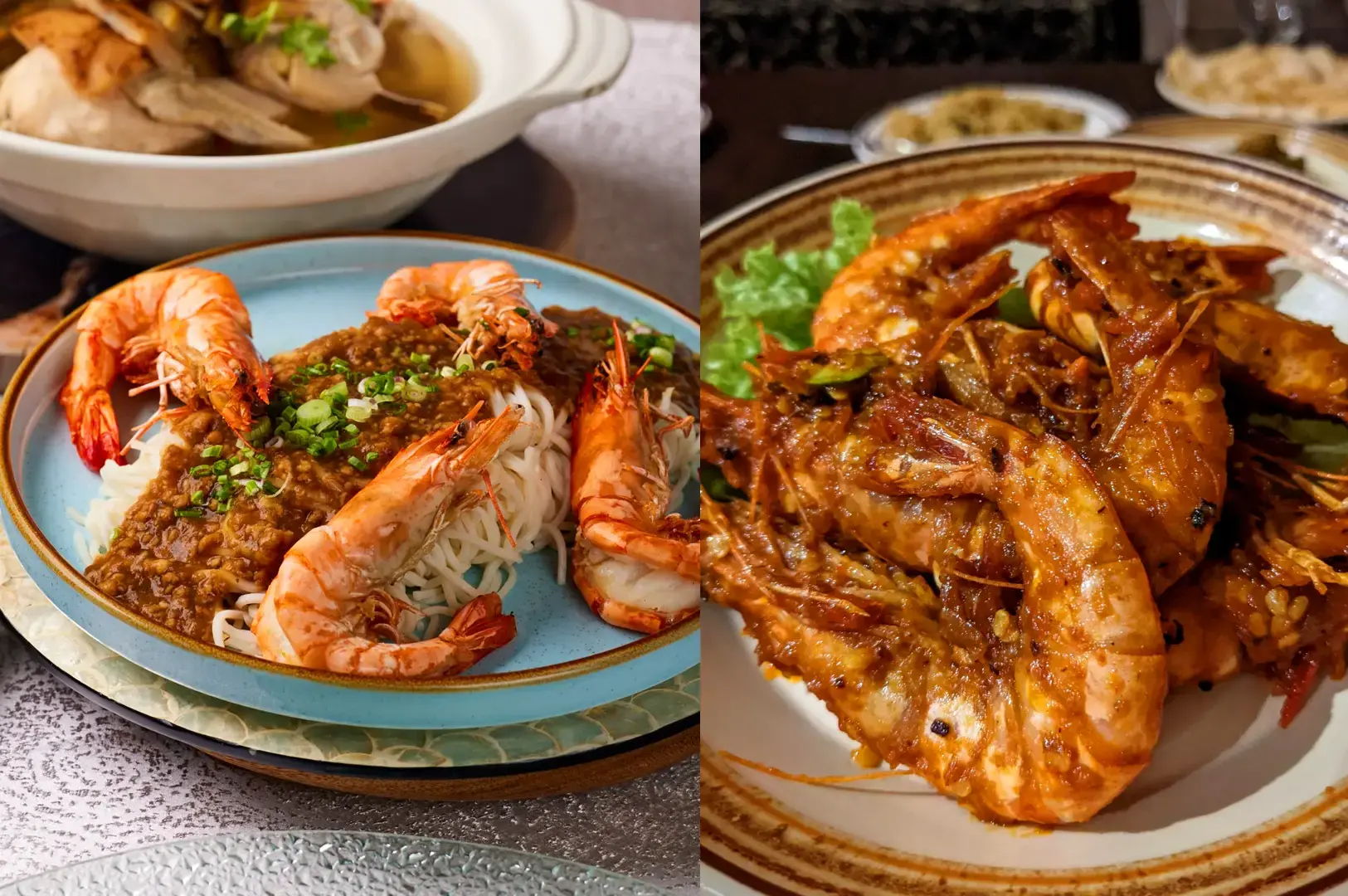 Kintamani Singapore seafood dishes featuring Indonesian-style prawns served with noodles and rich spicy sauce